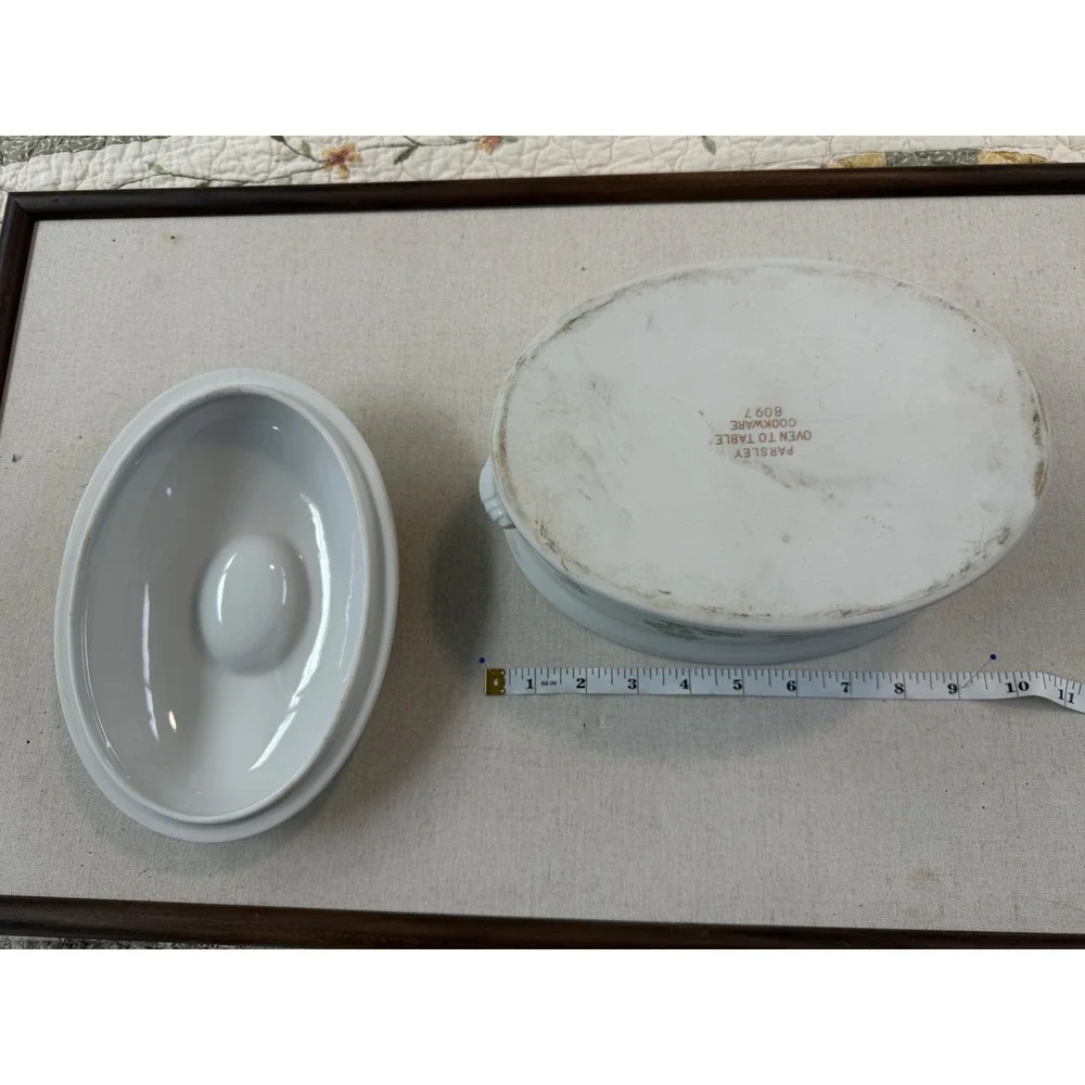 Vintage Parsley Oven To Table Cookware Oval Casserole Dish with Lid Green White